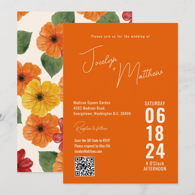 Retro Elegante Modernes Blumenorange Einladung (Vorne/Hinten)