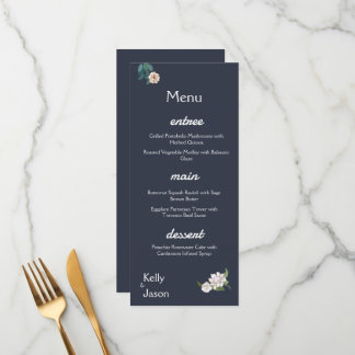 Retro Elegante weiße Blume Frame Navy Hintergrund Menükarte