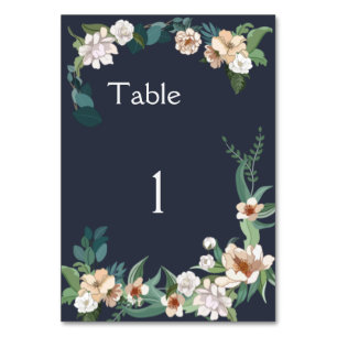 Retro Elegante weiße Blume Frame Navy Hintergrund Tischnummer