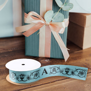 Retro Elegantes Pastell Aqua Blaues Blumenmuster u Satinband