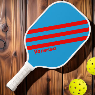 Retro Elektrisches Blau Rot Drei Streifen mit Name Pickleball Schläger
