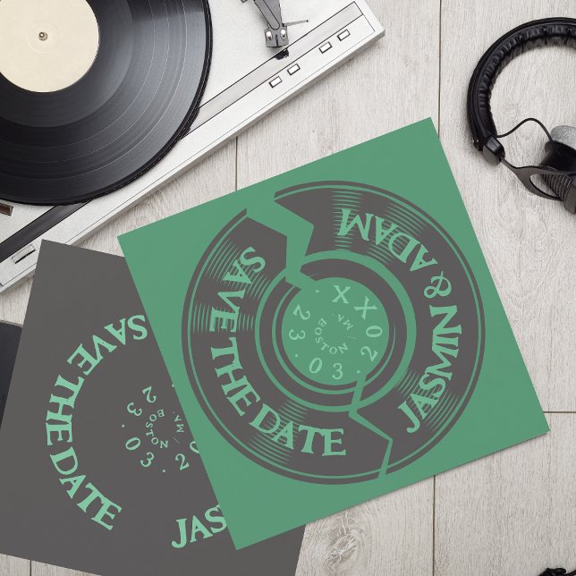 Retro Emerald Green Vinyl Record Groovy Wedding Save The Date (Von Creator hochgeladen)