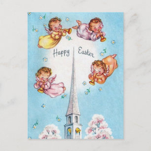 Retro Engel und Kirche Frohe Ostern Postkarte