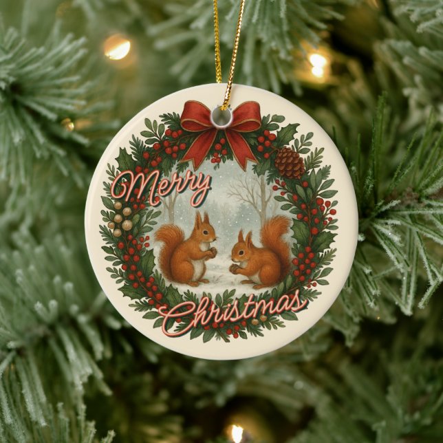 Retro English Holiday Kranz mit Niedlichen Eichhör Keramik Ornament (Baum)