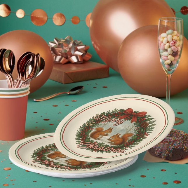 Retro English Holiday Kranz mit Niedlichen Eichhör Pappteller (Multi)
