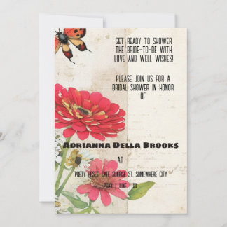 Retro Ephemera Zinnia und Ladybug Brautparty Einladung