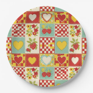 Retro-Erdbeer-Patchwork-Blumenmuster Pappteller
