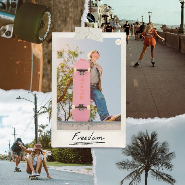 rétro esthétique tendance skateboard rose et rouge (vintage retro aesthetic pink skateboard for her personalised with her name in red)