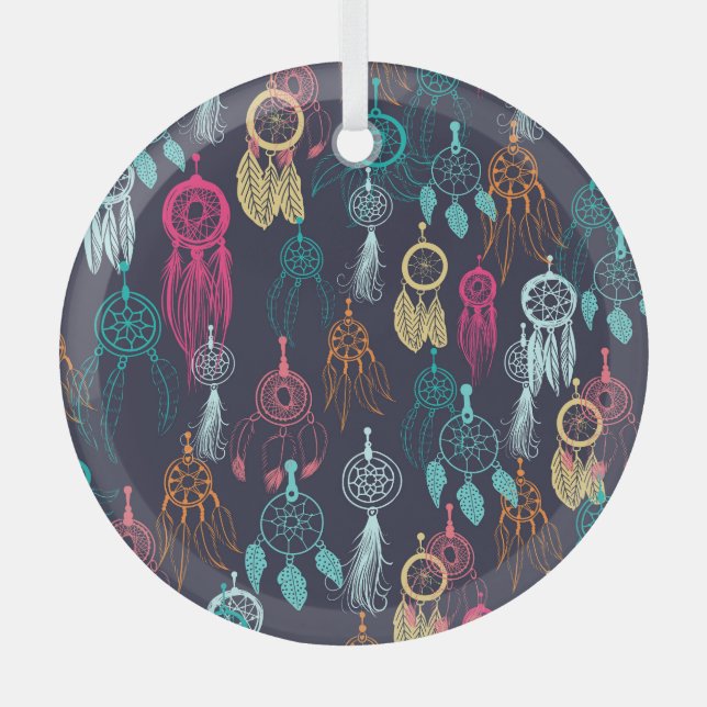 Retro Ethnic Doodle: Dreamcatcher Collection Ornament Aus Glas (Vorderseite)