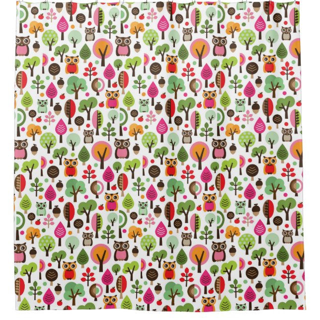 Retro Eulenmuster des rosa Blattbaums Duschvorhang (Vorderseite)