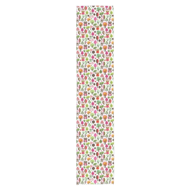 Retro Eulenmuster des rosa Blattbaums Kurzer Tischläufer (Vorderseite)