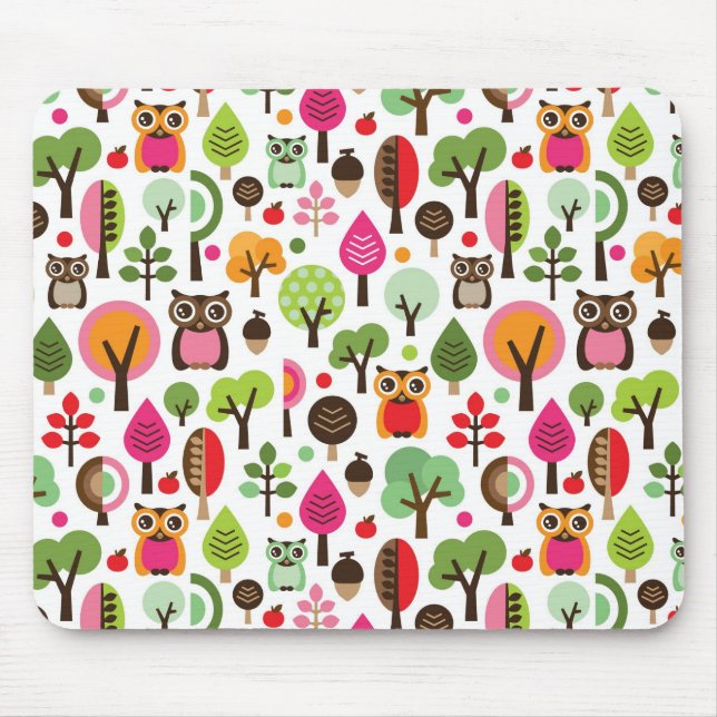 Retro Eulenmuster des rosa Blattbaums Mousepad (Vorne)