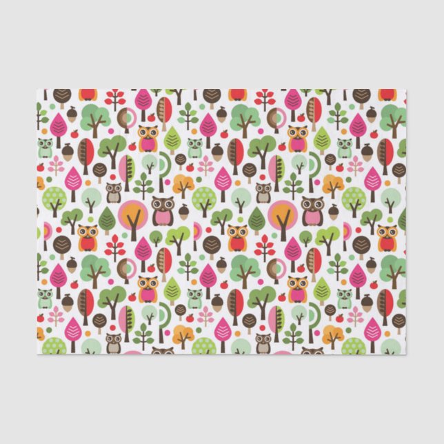 Retro Eulenmuster des rosa Blattbaums Seidenpapier (Vorderseite)