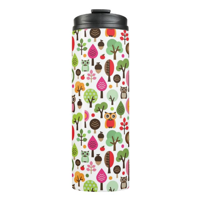 Retro Eulenmuster des rosa Blattbaums Thermosbecher (Vorderseite)