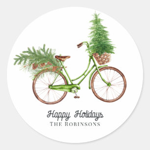 Retro-Fahrrad-Weihnachtsbaum und Kiefern Urlaub Runder Aufkleber