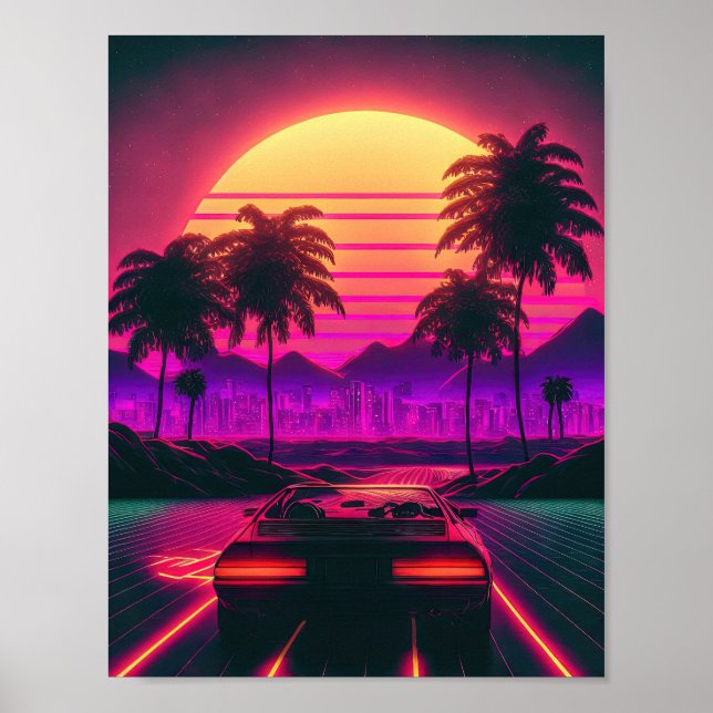 Retro-Fahrt: Die Synthwellen des Sonnenuntergangs Poster (Vorne)