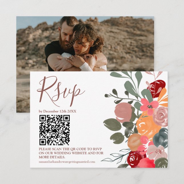 Retro Fall florale Aquarell Foto QR Hochzeit RSVP (Vorne/Hinten)