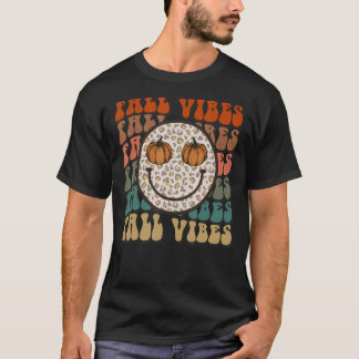 Retro Fall Vibes Hello Fall Leopard Smile Face Tre T-Shirt