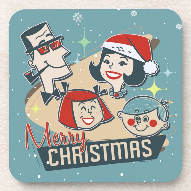 Retro Familie frohe Weihnachten glücklich Neues Ja Getränkeuntersetzer (Vorderseite)