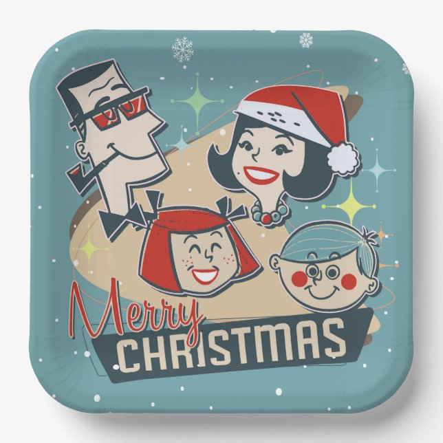 Retro Familie frohe Weihnachten glücklich Neues Ja Pappteller (Vorderseite)