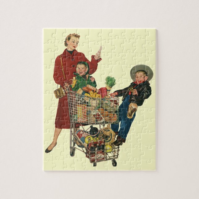 Retro Familie, Mama und Kinder Lebensmittelgeschäf (Vertikal)