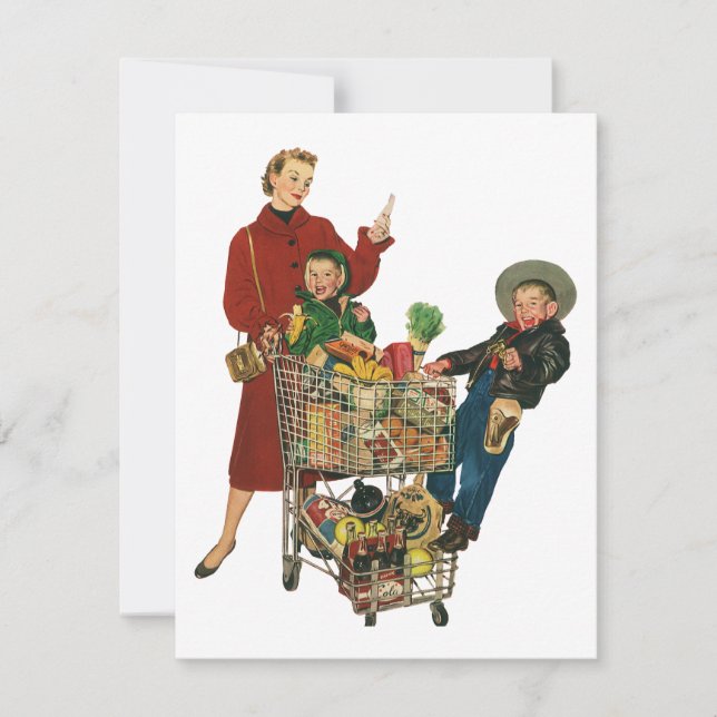 Retro Familie, Mama und Kinder Lebensmittelgeschäf Einladung (Vorderseite)