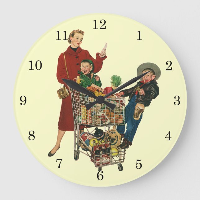 Retro Familie, Mama und Kinder Lebensmittelgeschäf Große Wanduhr (Vorderseite)
