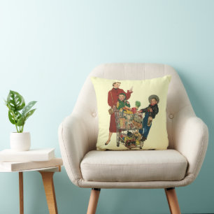 Retro Familie, Mama und Kinder Lebensmittelgeschäf Kissen