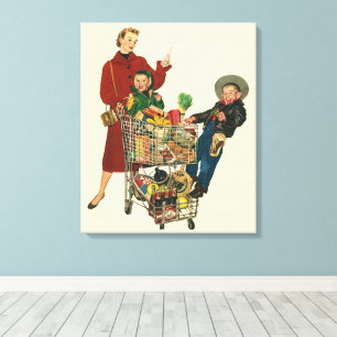 Retro Familie, Mama und Kinder Lebensmittelgeschäf Leinwanddruck