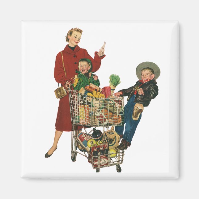 Retro Familie, Mama und Kinder Lebensmittelgeschäf Magnet (Vorne)