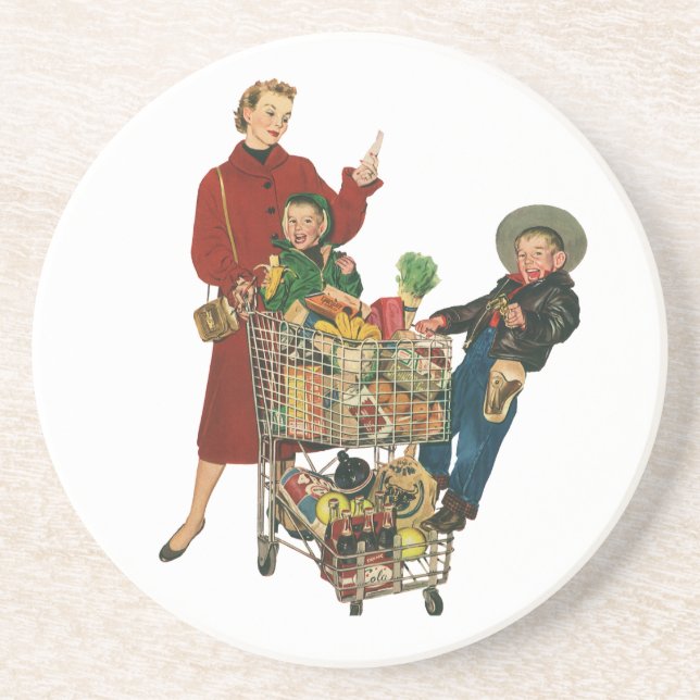 Retro Familie, Mama und Kinder Lebensmittelgeschäf Untersetzer (Vorne)
