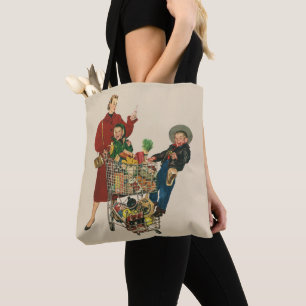 Retro-Familie, Mutter und Kinder beim Einkaufswage Tasche