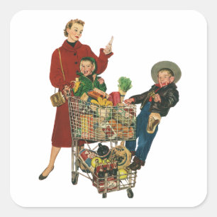 Retro-Familie, Mutter und Kinder im Einkaufswagen Quadratischer Aufkleber