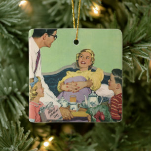 Retro-Familie serviert Mama das Frühstück im Bett Keramikornament