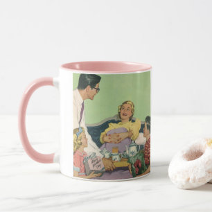 Retro-Familie serviert Mama das Frühstück im Bett Tasse