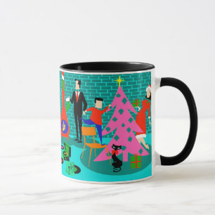 Retro Familie, welche die Weihnachtsbaum-Tasse Tasse
