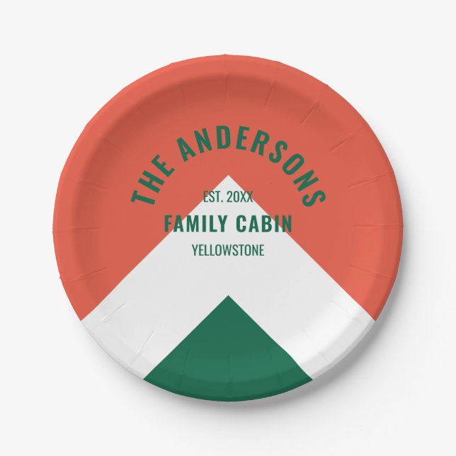 Retro Familienhaus Personalisierter Name Grün Rot Pappteller (Vorderseite)