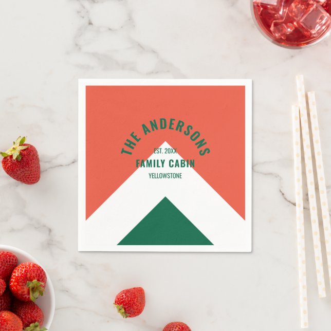 Retro Familienhaus Personalisierter Name Rot Grün Serviette (Beispiel)