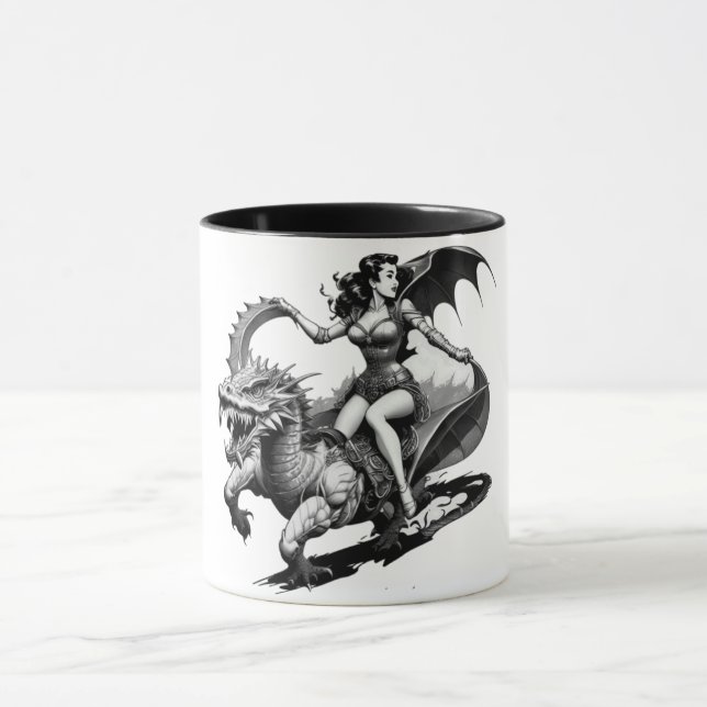 Retro Fantasy Fusion: Dragon-Riding Button-Up Girl Tasse (Zentrum)