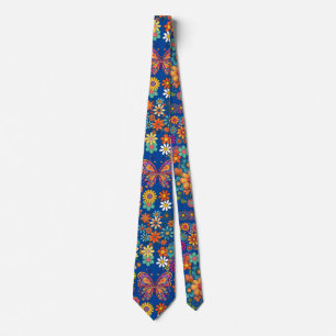 Retro farbenfrohe Blume Muster. Blue BG Krawatte