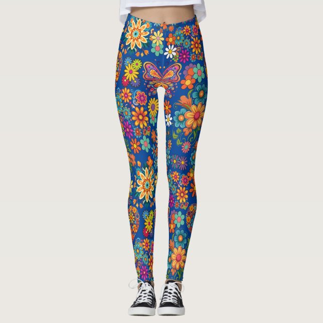 Retro farbenfrohe Blume Muster. Blue BG Leggings (Vorderseite)
