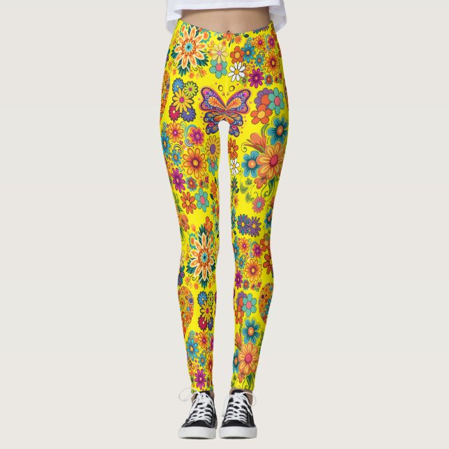 Retro farbenfrohe Blume Muster. Hellgelbe BG Leggings (Vorderseite)