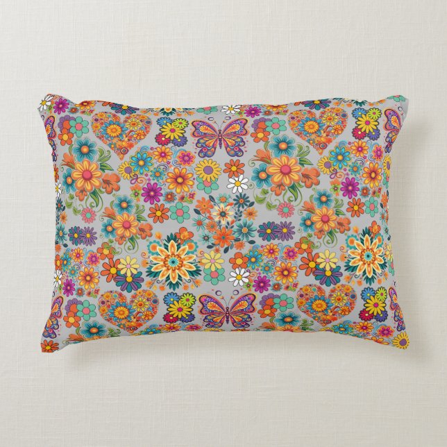 Retro farbenfrohe Blume Muster. L Gray BG Dekokissen (Vorderseite)