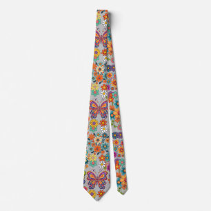 Retro farbenfrohe Blume Muster. L Gray BG Krawatte