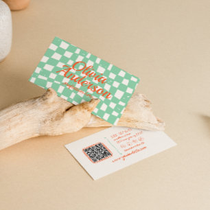 Retro farbenfrohe Hand gezogen Checked Groovy QR C Visitenkarte