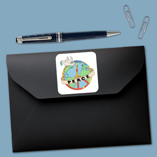 Retro farbenfrohe Hand gezogen Weltfrieden mit Tau Quadratischer Aufkleber (Von Creator hochgeladen)