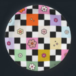 Retro farbenfrohe karierte Milchprodukte Blume Kar Pappteller<br><div class="desc">Checkered Daisies - Retro Farbige Blume Karo Muster - Checkerboard.</div>