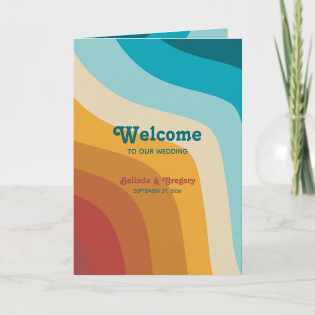 Retro farbenfrohe Rainbow-Hochzeit Programm (Vorderseite)