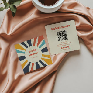 Retro Farbenfroher Sonnenbrand mit QR-Code - Elega Quadratische Visitenkarte
