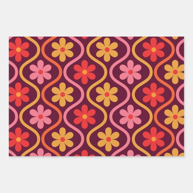 Retro-Farbige Blume auf dem Vintagen Ogee-Muster Geschenkpapier Set (Vorderseite)